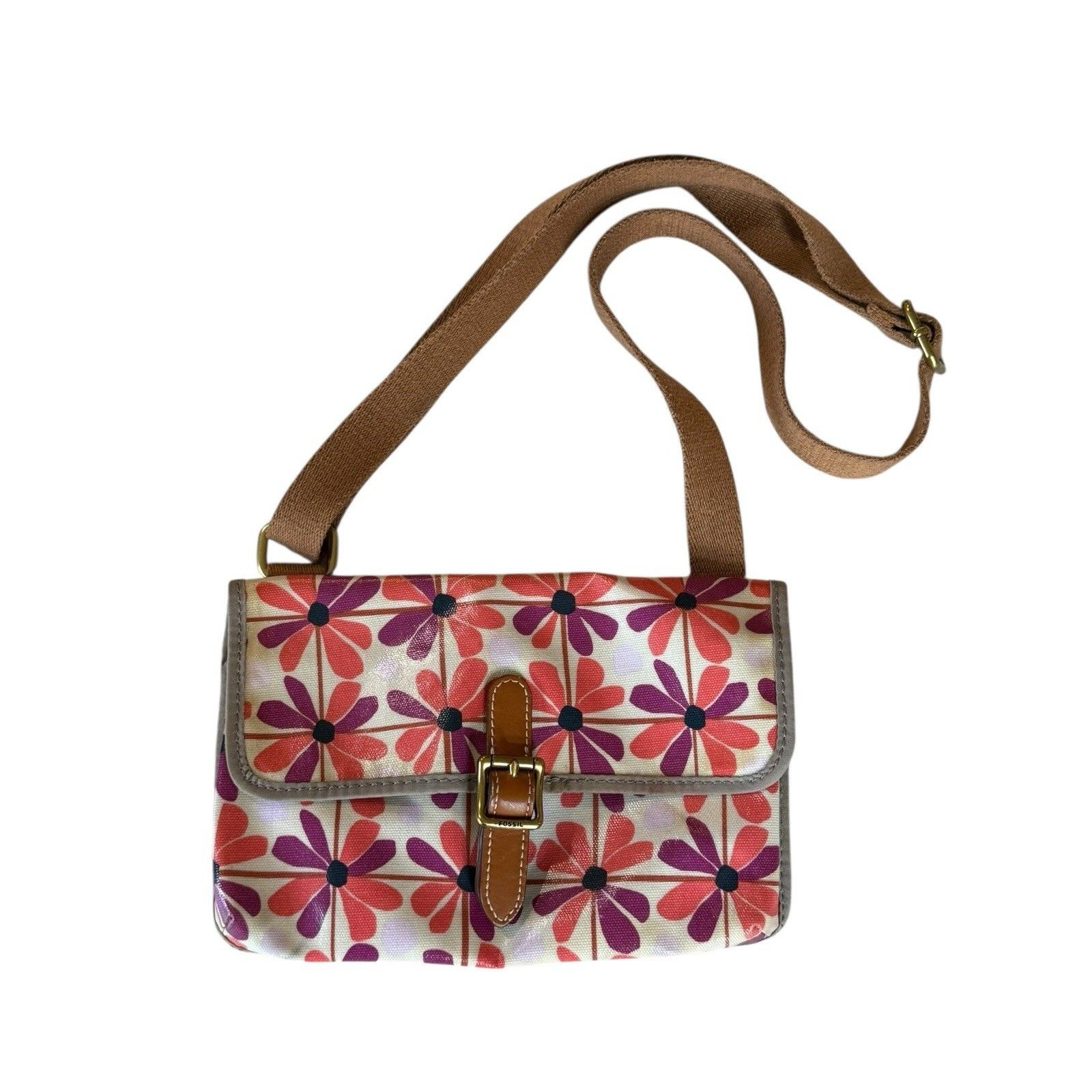Fossil Bag Crossbody Purse Cream Pink And Purple Floral